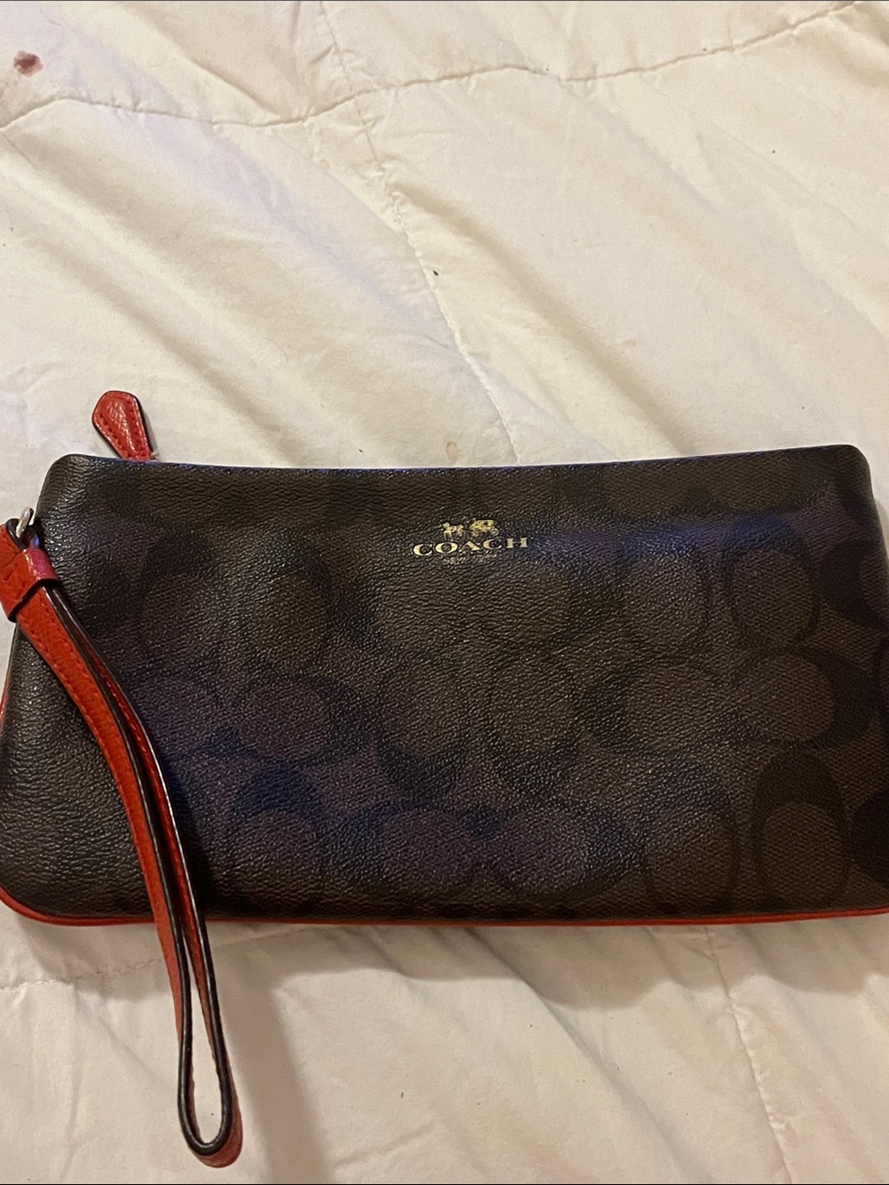 Coach Brown Signature Canvas Wristlet with Red Trim